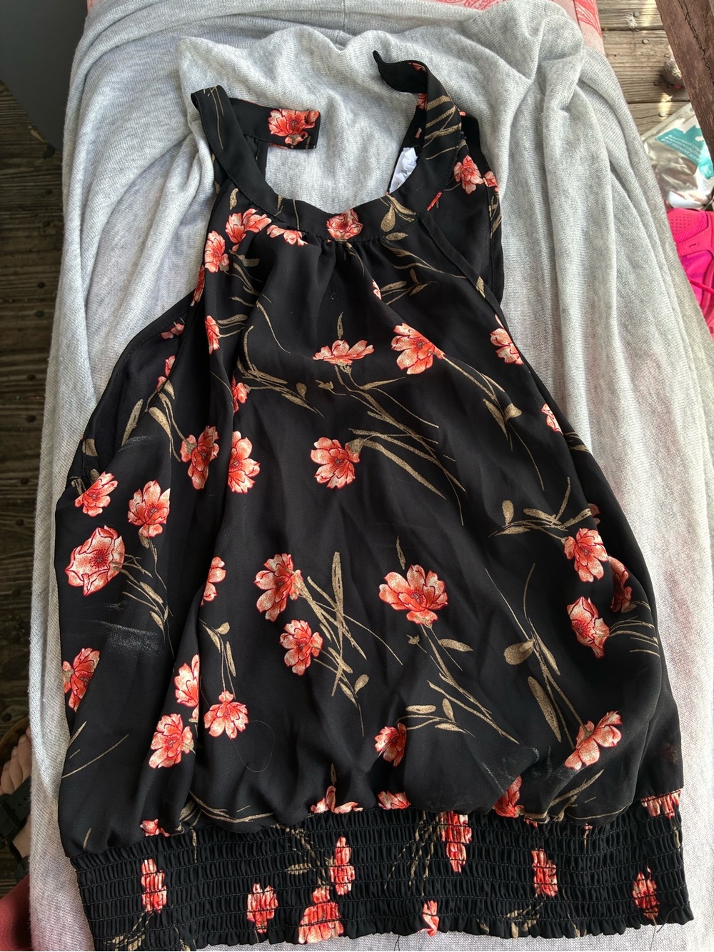 Sienna Sky Black Tank Top with Red Floral Print and Smocked Hem